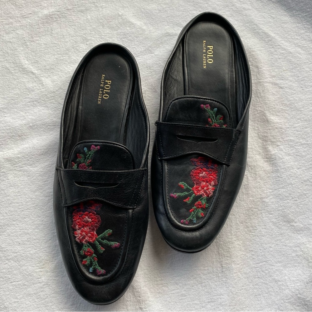 Polo by Ralph Lauren Black Embroidered Women’s Ashlyn  Mule Loafers